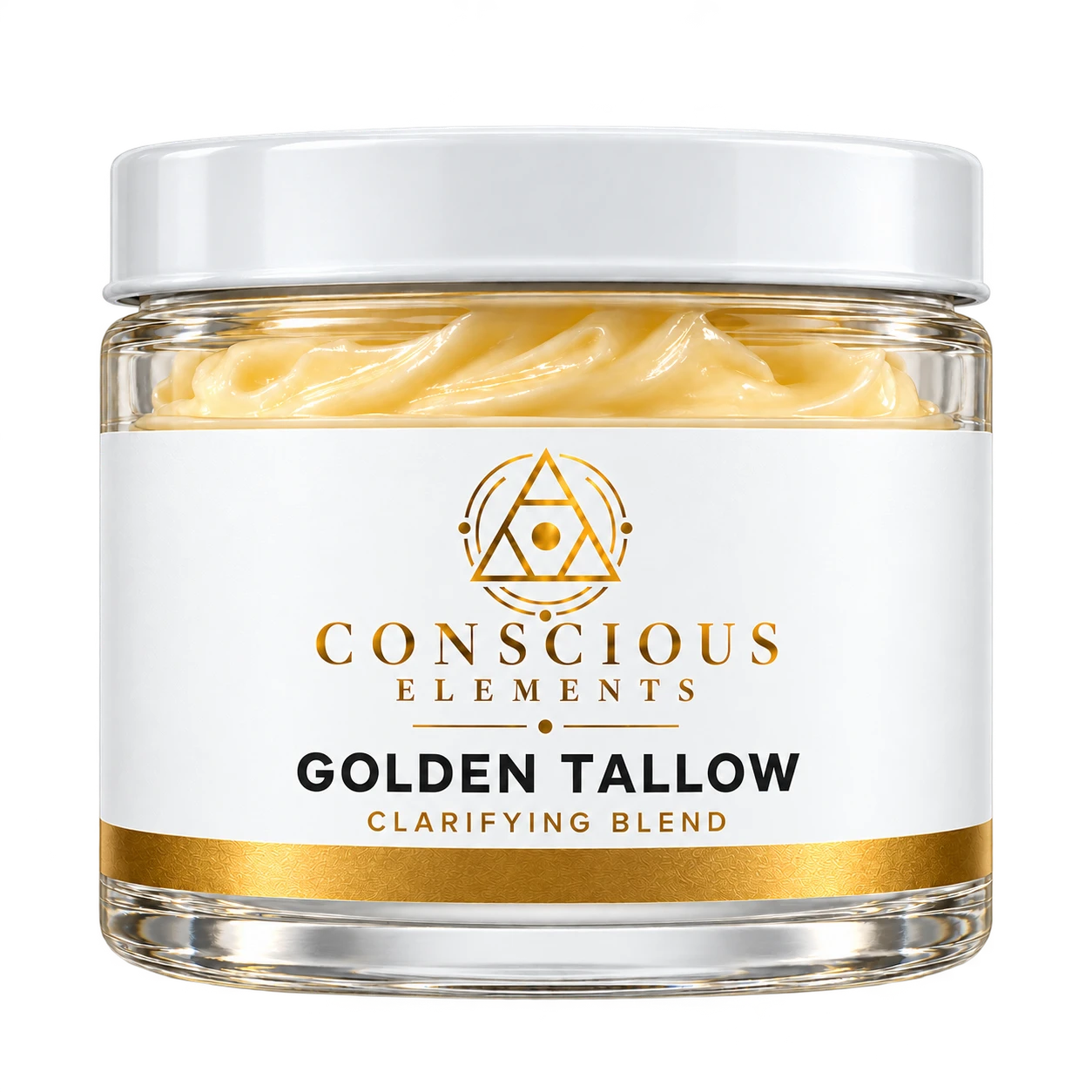 Conscious Elements Golden Tallow Clarifying Blend in a clear glass jar